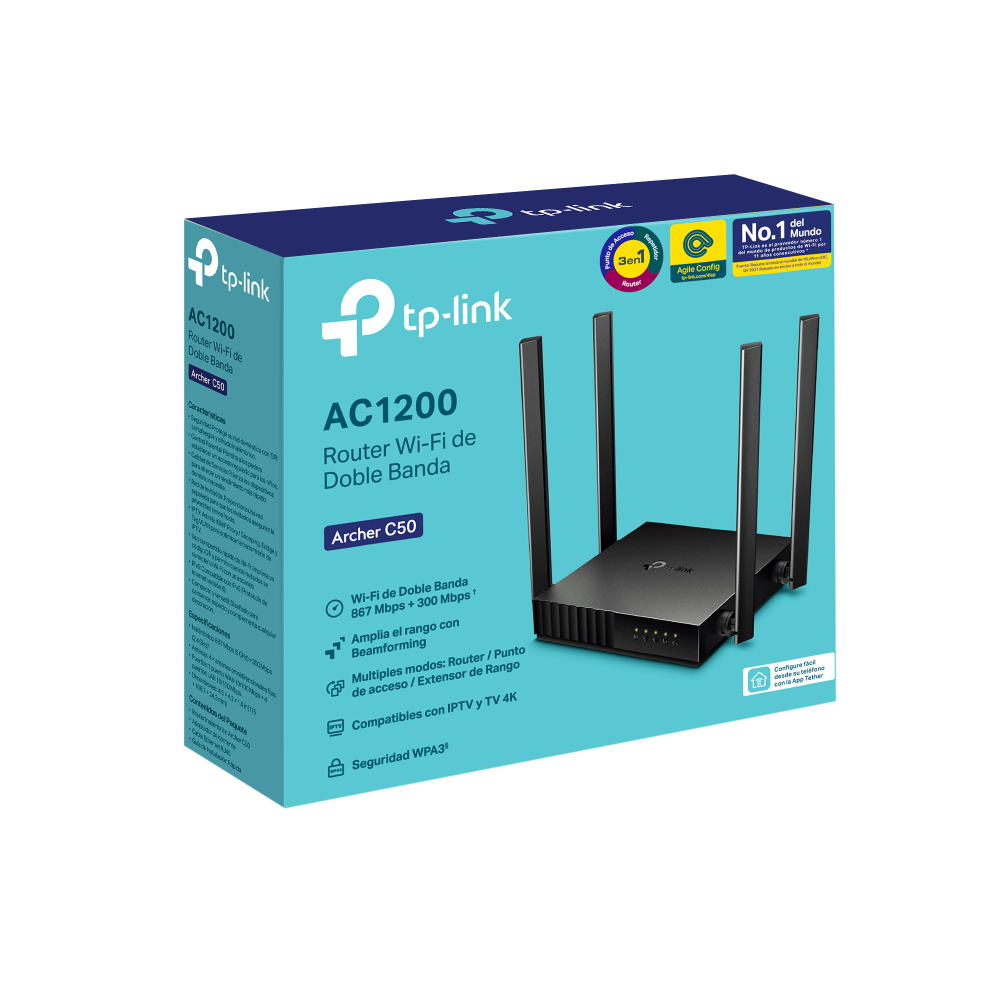 TP-Link Archer C50 AC1200 negro — empaque oficial con identificación del modelo C50