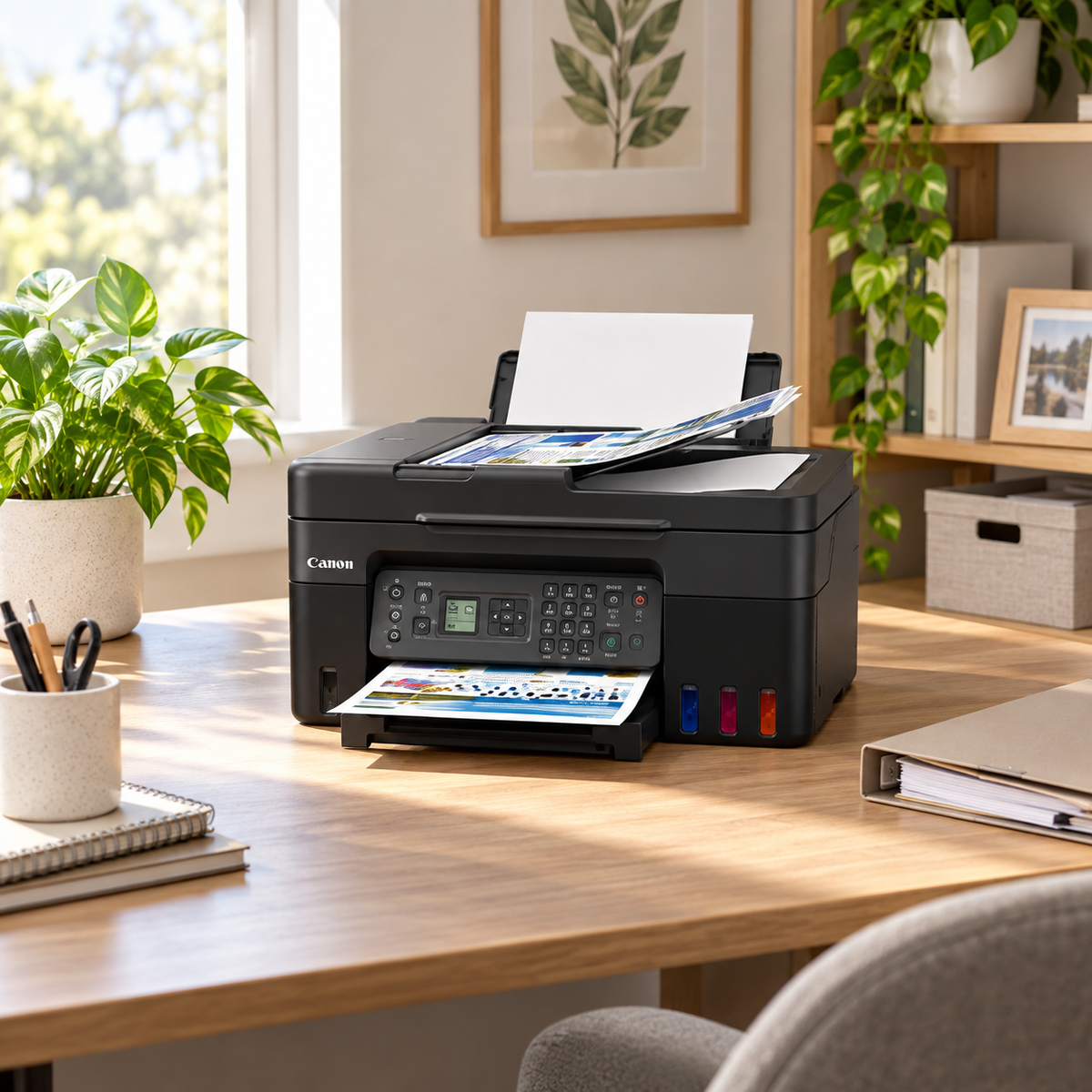 Impresora Canon PIXMA G4170 MegaTank WiFi con ADF y fax — escena lifestyle de uso