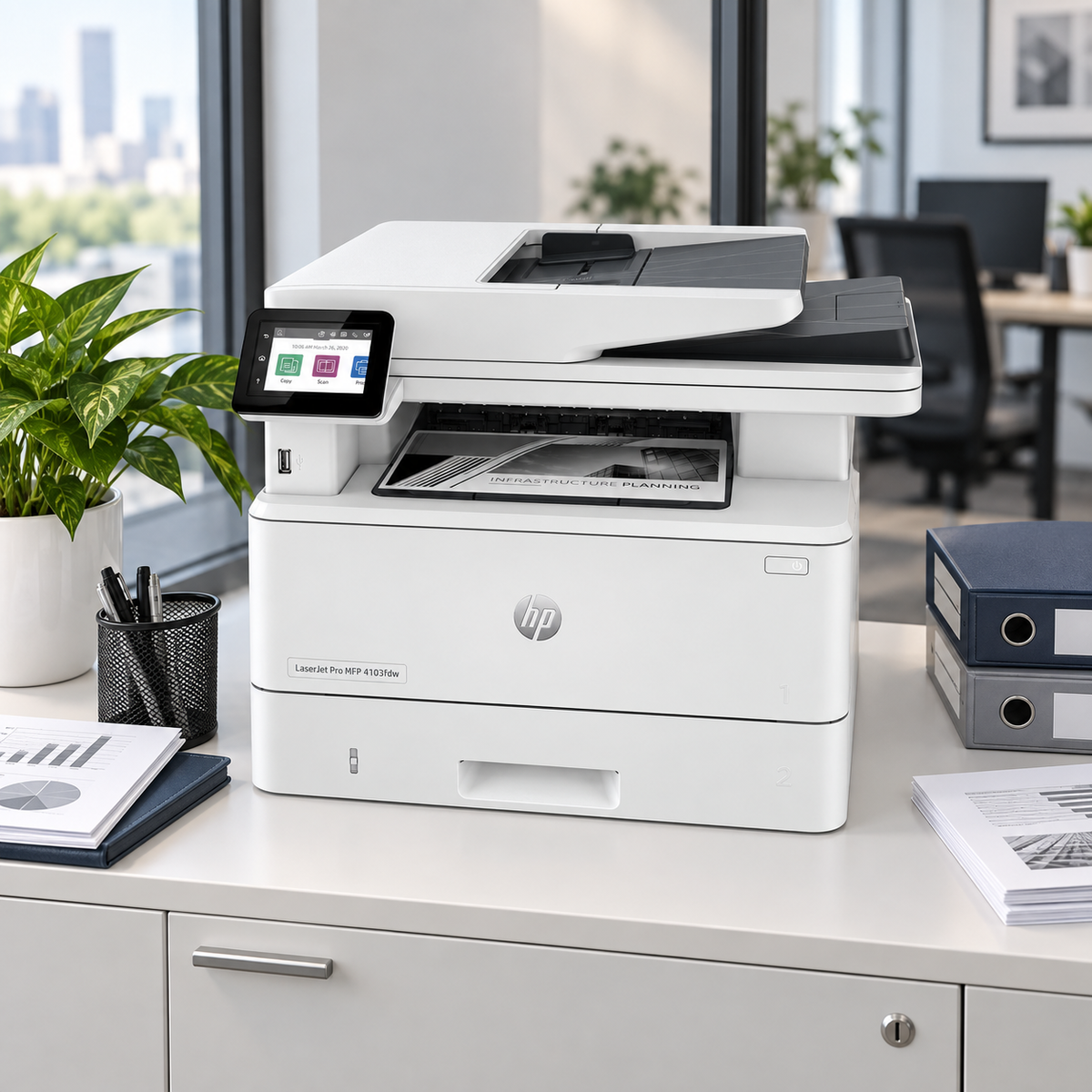 Impresora HP LaserJet Pro MFP 4103fdw láser WiFi dúplex — escena lifestyle de uso