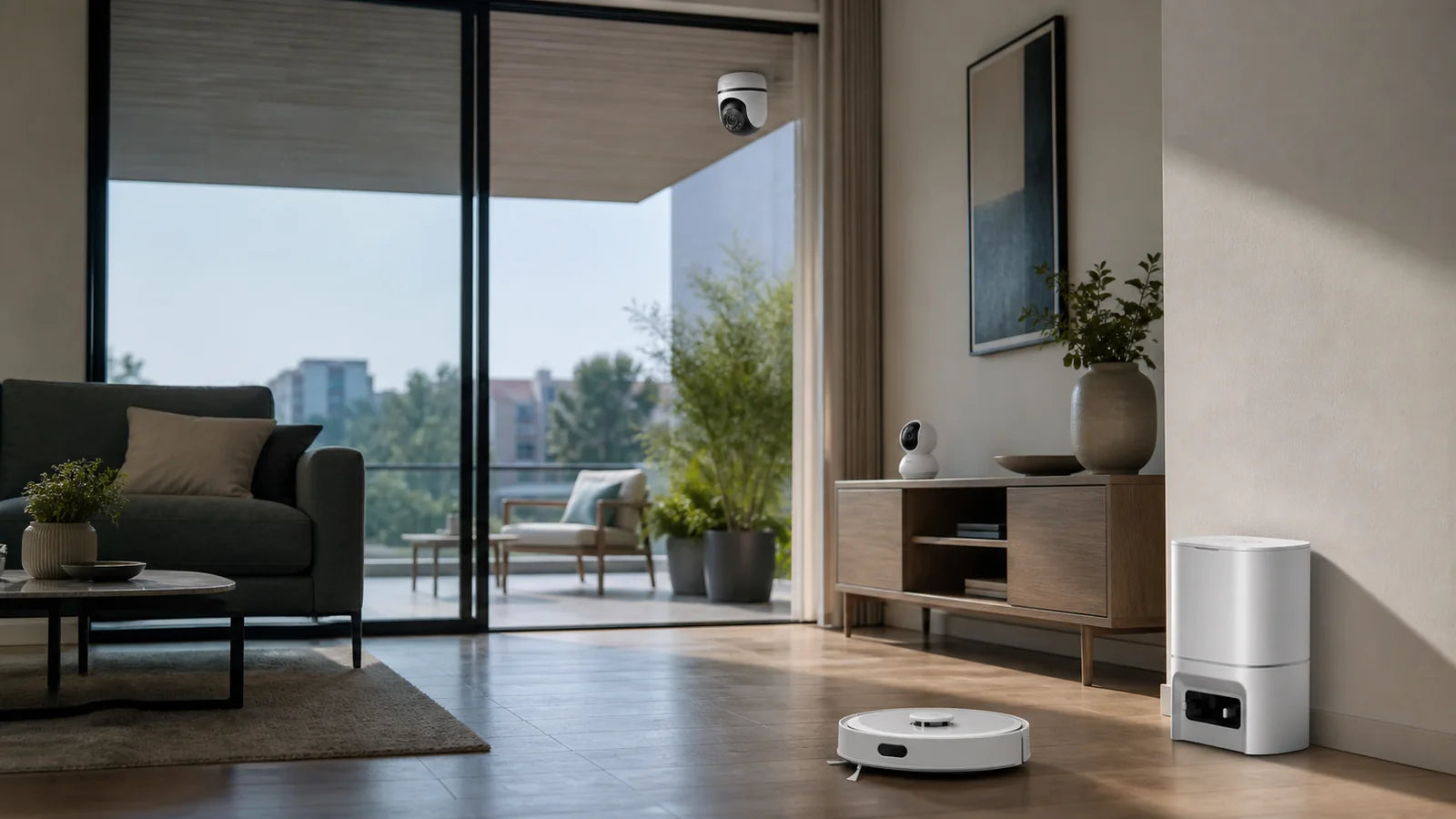 Ecosistema Tapo con cámaras y robot aspirador en un hogar
