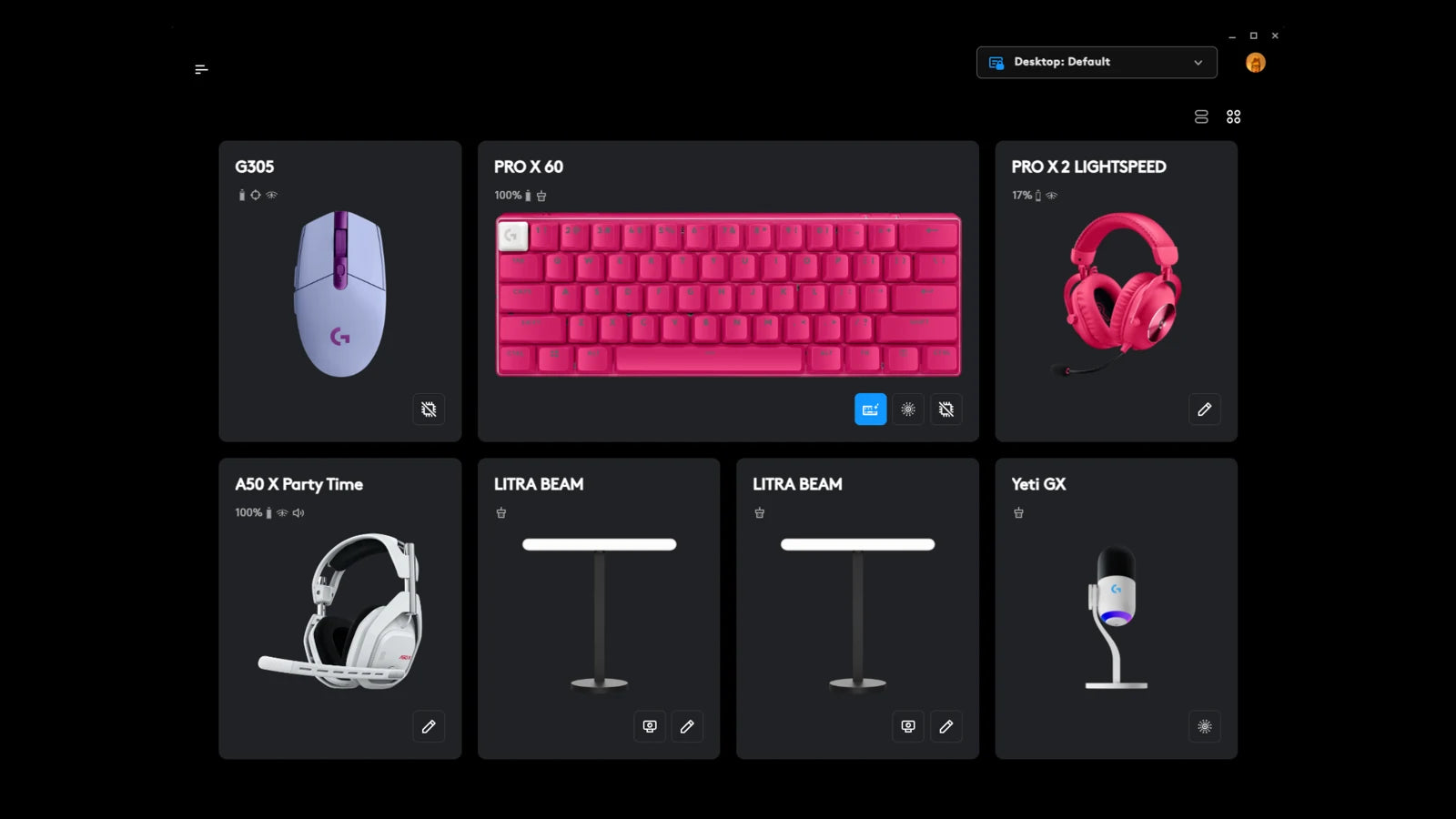 Pantalla oficial de inicio de Logitech G HUB con dispositivos compatibles