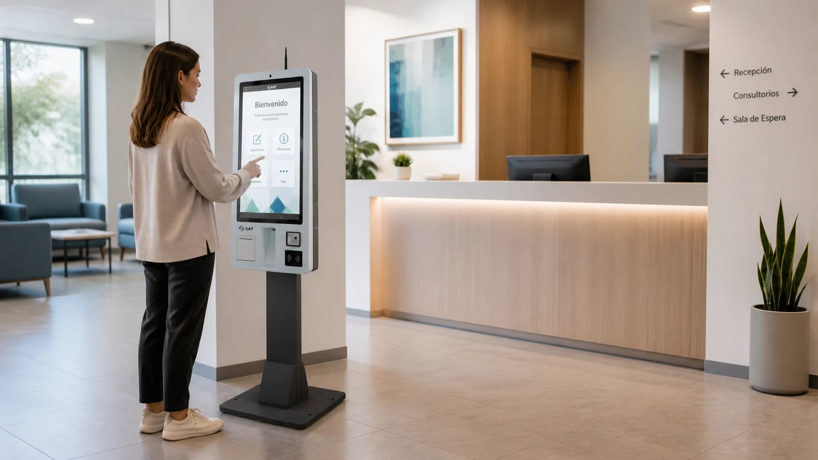 Kiosco SAT KT32LC completo en una zona de recepción de salud sin datos personales visibles