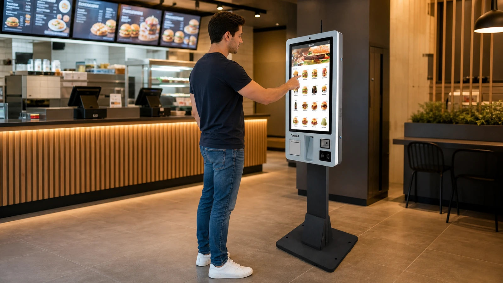 Kiosco SAT KT32LC completo instalado como punto de autoservicio en un restaurante