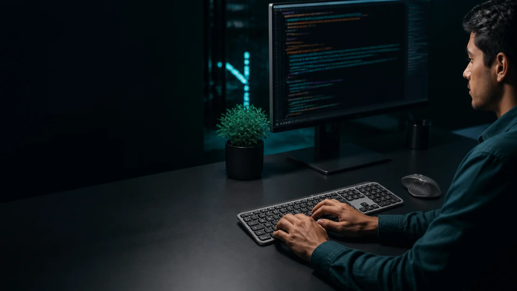 Desarrollador trabajando con Logitech MX Keys S y MX Master 4